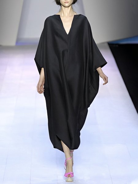 

Elegant Notched Plain Loosen Maxi Dress, Black, Maxi Dresses