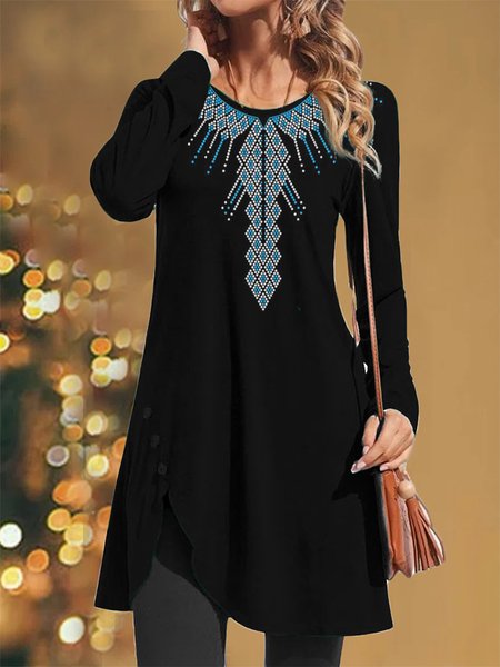 

Casual Crew Neck A-Line Ethnic Dress, Black, Dresses