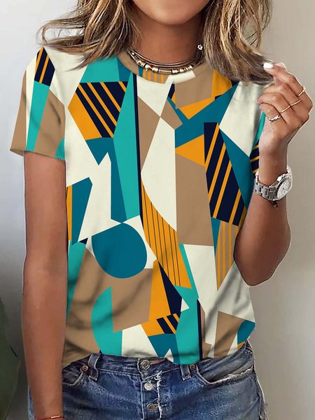

Color Block Crew Neck Knitted Casual T-Shirt, Multicolor, T-Shirts
