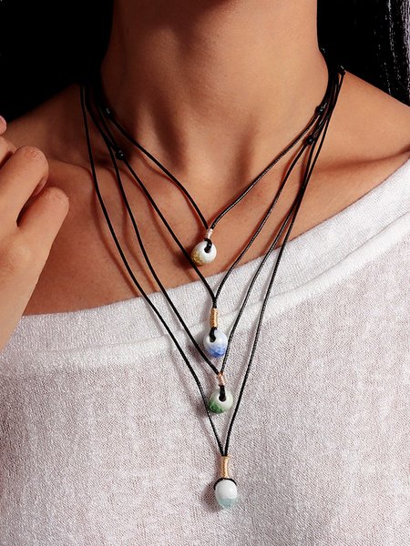 

4Pcs Bohemian Vacation Style Beaded Ceramic Multilayer Necklace Ethnic Vintage Beach Jewelry, Multicolor, Necklaces