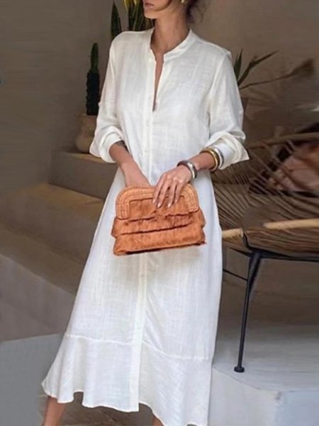 

Casual Flouncing Loose Buttoned Dress, White, Dresses