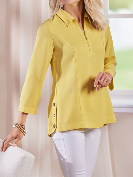 

Plain Casual Shirt Collar Loose Top, Yellow, Tops