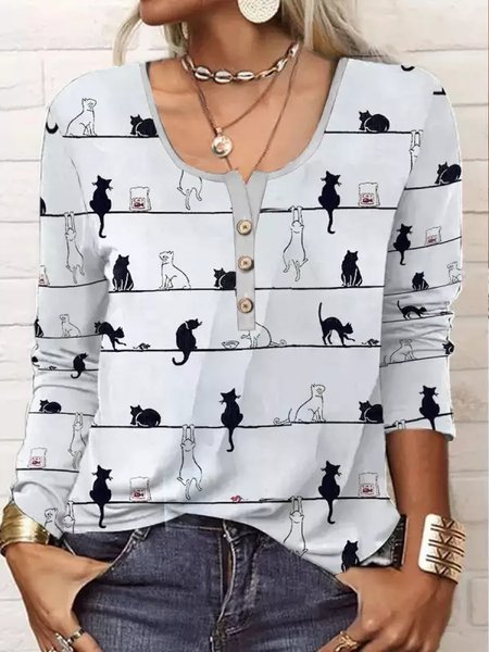 Cat Loose Crew Neck Casual Top, White, Tops
