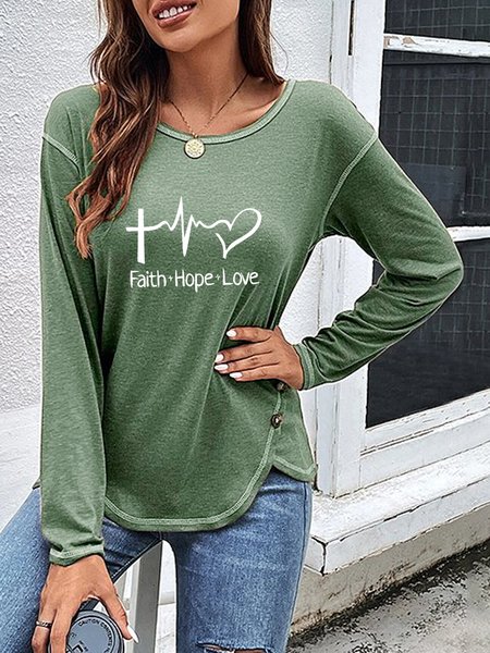 

Buttoned Crew Neck Casual Knitted Top, Green, Tops