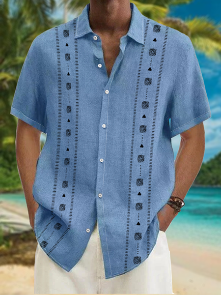 

Ethnic Stripe Chest Pocket Short Sleeve Casual Shirt, Blue, Men Shirts