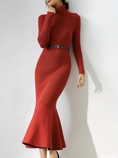 

Tight Elegant Plain Long Sleeve Maxi Dress, Red, Maxi Dresses