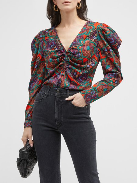 

V Neck Elegant Long sleeve No Elasticity Blouse, As picture, Blouses and Shirts