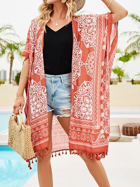 

Vacation Printing Ethnic Coverup, Red, Swimwear