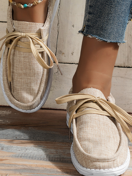 

Plain Lace-Up Canvas Flats, Khaki, Sneakers
