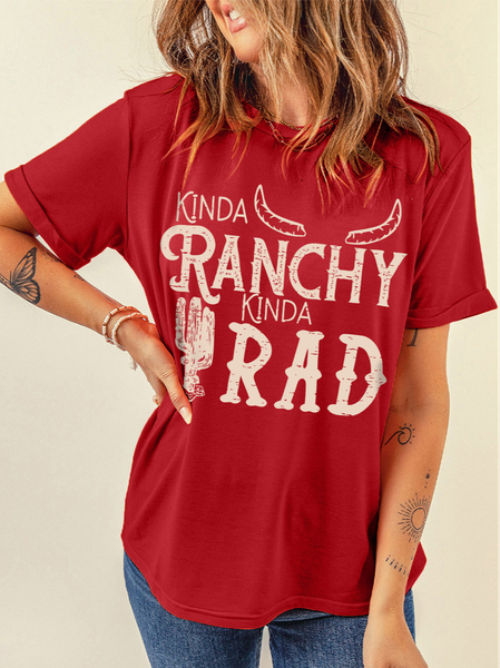 

Casual Crew Neck Text Letters Loose T-Shirt, Red, T-Shirts