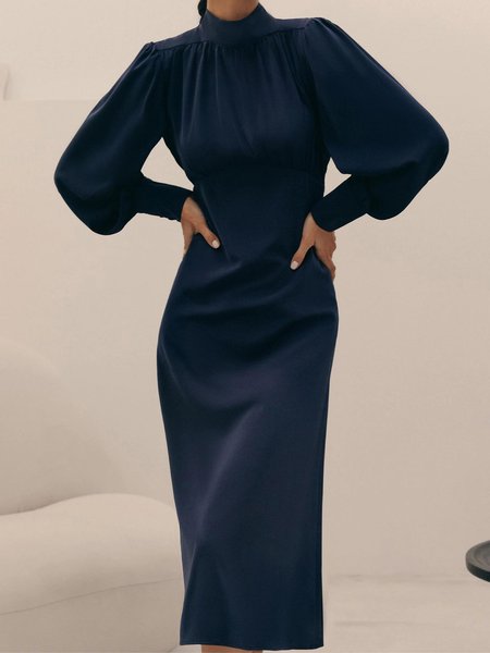 

Elegant Half Turtleneck Regular Fit Daily Midi Dress, Purplish blue, Midi Dresses