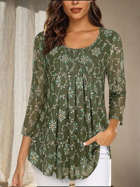 

Vacation Floral Regular Fit Crew Neck Top, Green, Shirts & Blouses