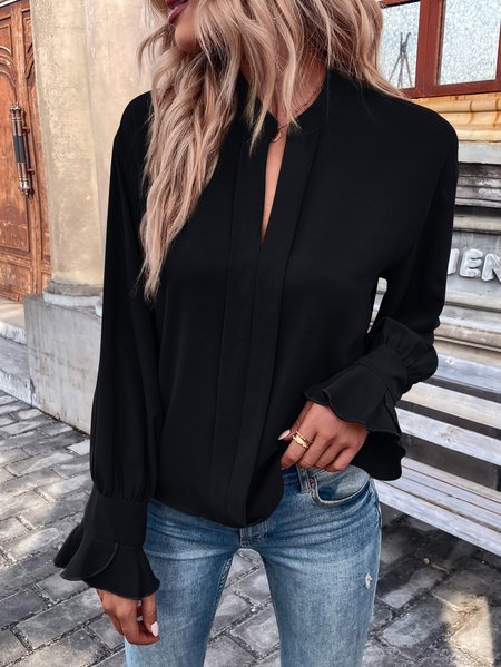 

V Neck Casual Plain Regular Fit Top, Black, Shirts & Blouses