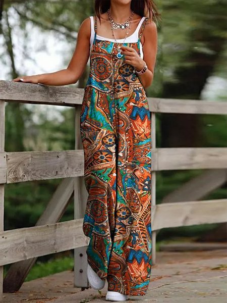 

Women's Boho Ethnic Print Suspender Jumpsuit, Multicolor, Jumpsuits＆Rompers