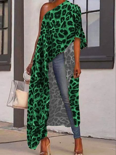 

Holiday Printed Leopard Half Sleeve Top, Green, Blouses and Shirts