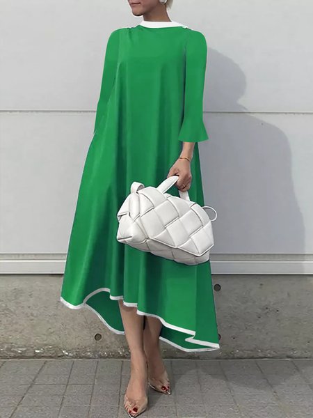 

Color Block Loose Stand Collar Elegant Dress, Green, Midi Dresses