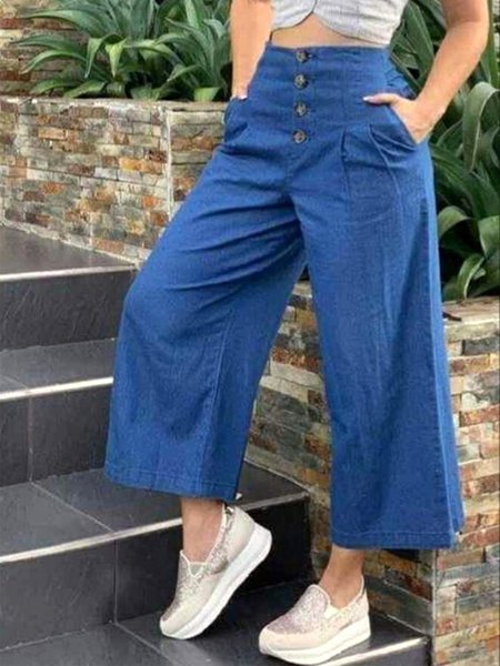 

Buttoned Loose Cotton Casual Wide Leg Pants, Blue, Pants