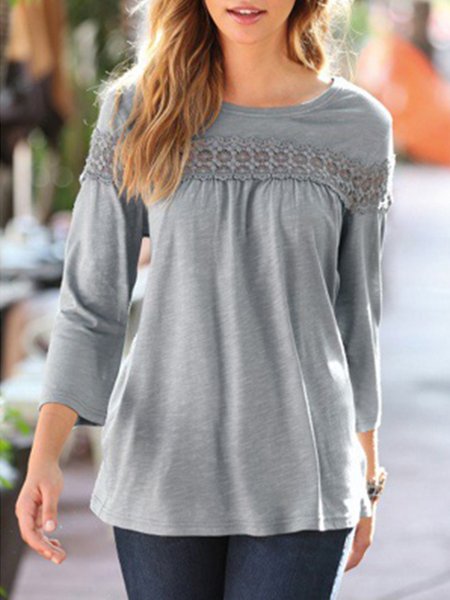 

Crew Neck Casual Loose Plain Lace Top, Gray, Tops