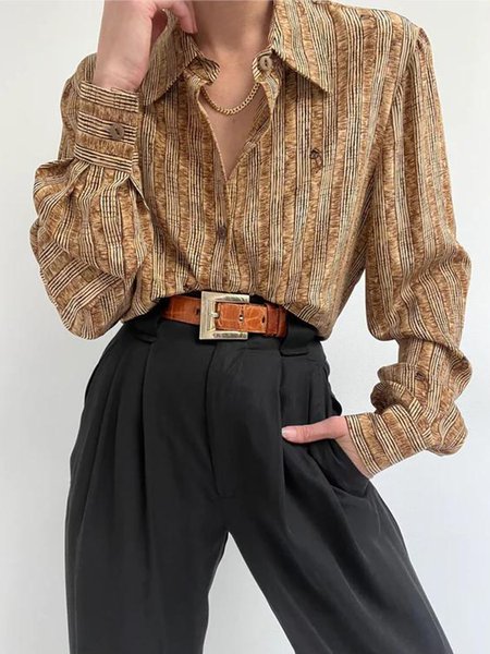 

Urban Striped Daily Long Sleeve Shirt Collar Blouse, Brown, Blouses and Shirts