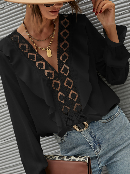 

Plain Casual V Neck Regular Fit Top, Black, Shirts & Blouses