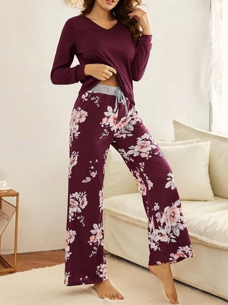 

Floral Print Knot Front Long Set, Wine red, Suit Set