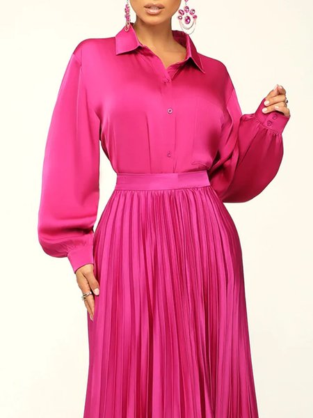 

Elegant Loose Plain Long Sleeve Blouse, Rose red, Blouses and Shirts