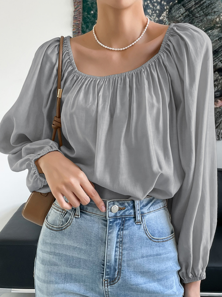 

Square Neck Regular Fit Plain Casual Top, Gray, Shirts & Blouses