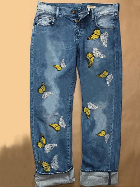

Funny Butterfly Denim Printed Jeans, Blue, Jeans