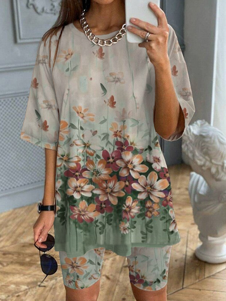 

Floral Loose Crew Neck Casual Two-Piece Set, Multicolor, Tops