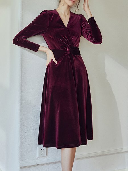 

Plain Elegant V Neck Daily Midi Dress, Wine red, Midi Dresses