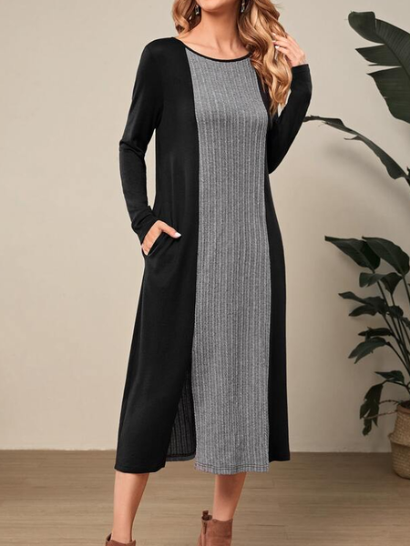 

Crew Neck Casual Color Block Dress, Black, Dresses