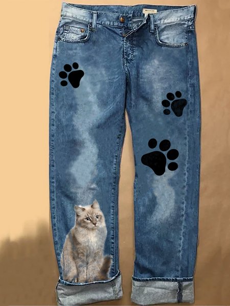 

Funny Cat Denim Printed Jeans, Blue, Jeans