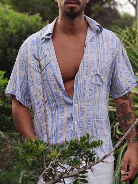 

Striped Short Sleeve Casual Shirt, Purple, Men Shirts