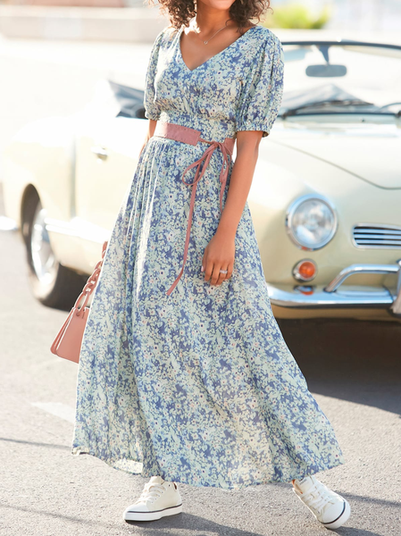 

V Neck Casual Floral Regular Fit Dress, Blue, Dresses