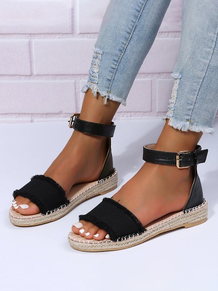 

Fringe Decor Color Block Adjustable Buckle Espadrille Sandals, Black, Sandals