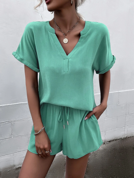 

Cotton-Blend V Neck Casual Two-Piece Set, Green, Tops