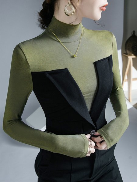 Elegant Tight Color Block Turtleneck Long Sleeve Top, Black, Linen Tops