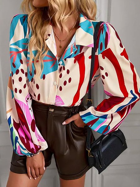 

Loose Shirt Collar Elegant Floral Blouse, As picture, Blouses and Shirts