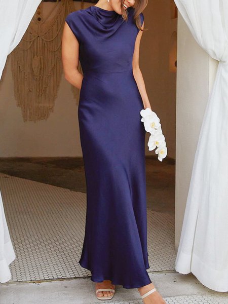 

Elegant Regular Fit Crew Neck Plain Dress & Party Dress, Blue, Maxi Dresses