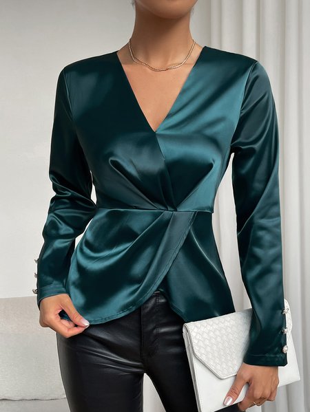 

Solid Wrap Hem Satin Blouse, Green, Linen Tops