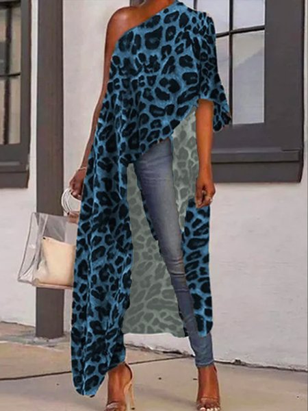

Holiday Printed Leopard Half Sleeve Top, Blue, Blouses and Shirts