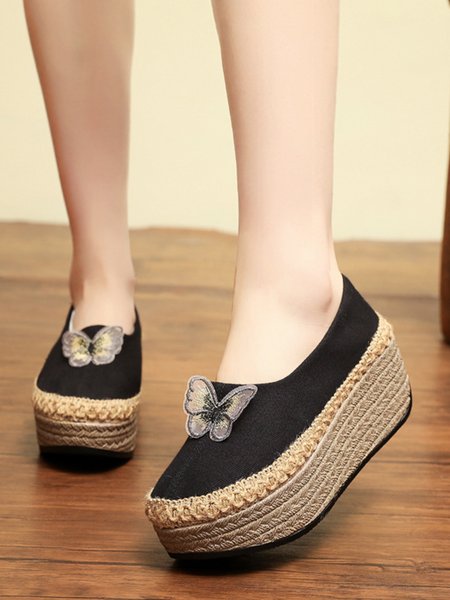 

Butterfly Decor Split Joint Canvas Slip On Platform Shoes, Black, Creepers & Wedges