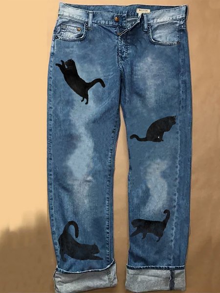 

Funny Cat Denim Printed Jeans, Blue, Jeans