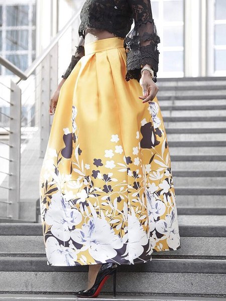 

Regular Fit Floral Elegant Maxi Skirt, Yellow, Skirts