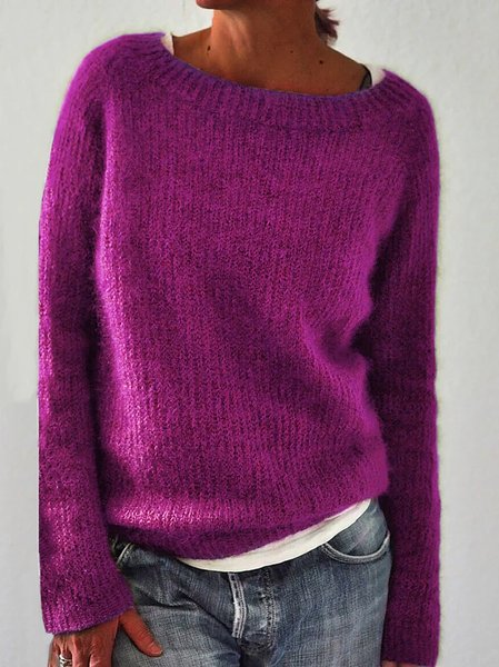 

Women Solid Long Sleeve Crew Neck Casual Acrylic Sweater, Purple, Sweaters & Cardigans