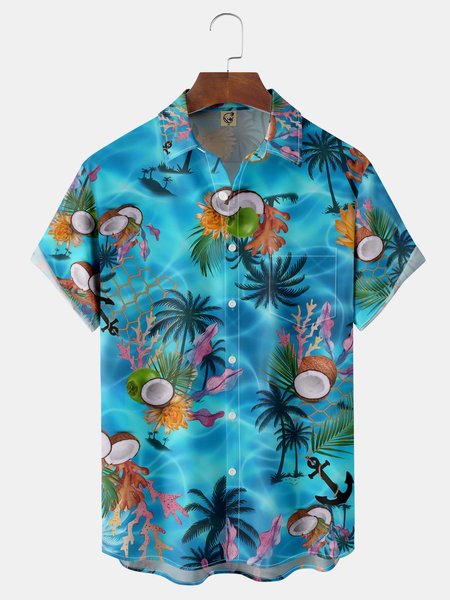 

Palm Tree Chest Pocket Short Sleeve Hawaiian Shirt, Blue, Men Shirts