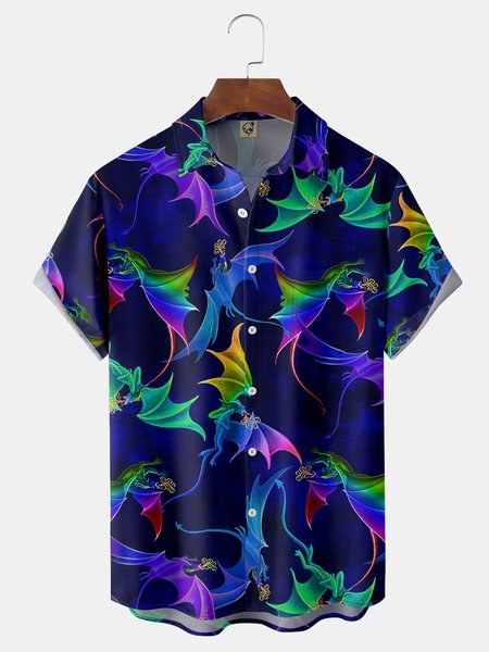 

Dinosaur Chest Pocket Short Sleeve Casual Shirt, Purple, Men Shirts