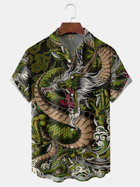 

Ukiyo-e Dragon Chest Pocket Short Sleeve Casual Shirt, Green, Men Shirts