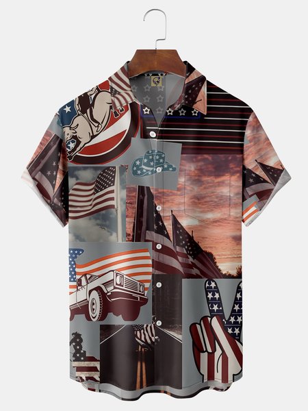 

American Flag Chest Pocket Short Sleeve Casual Shirt, Red, Men Shirts