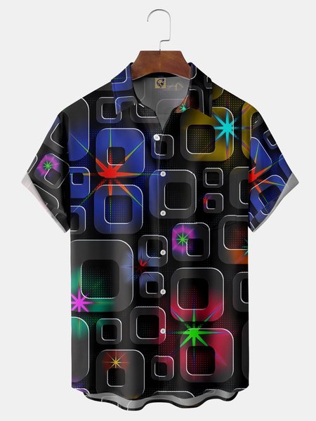 

Geometry Chest Pocket Short Sleeve Casual Shirt, Black, Men Shirts